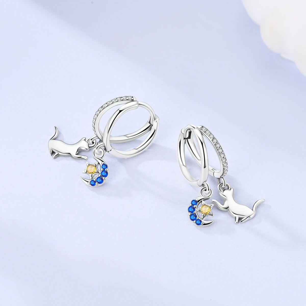 Orecchini Gatto In Argento Sterling 925 | Ciondolo Luna Con Gattini | Gioielli Ipoallergenici Per Amanti Dei Gatti | Regalo Ideale Per Lei