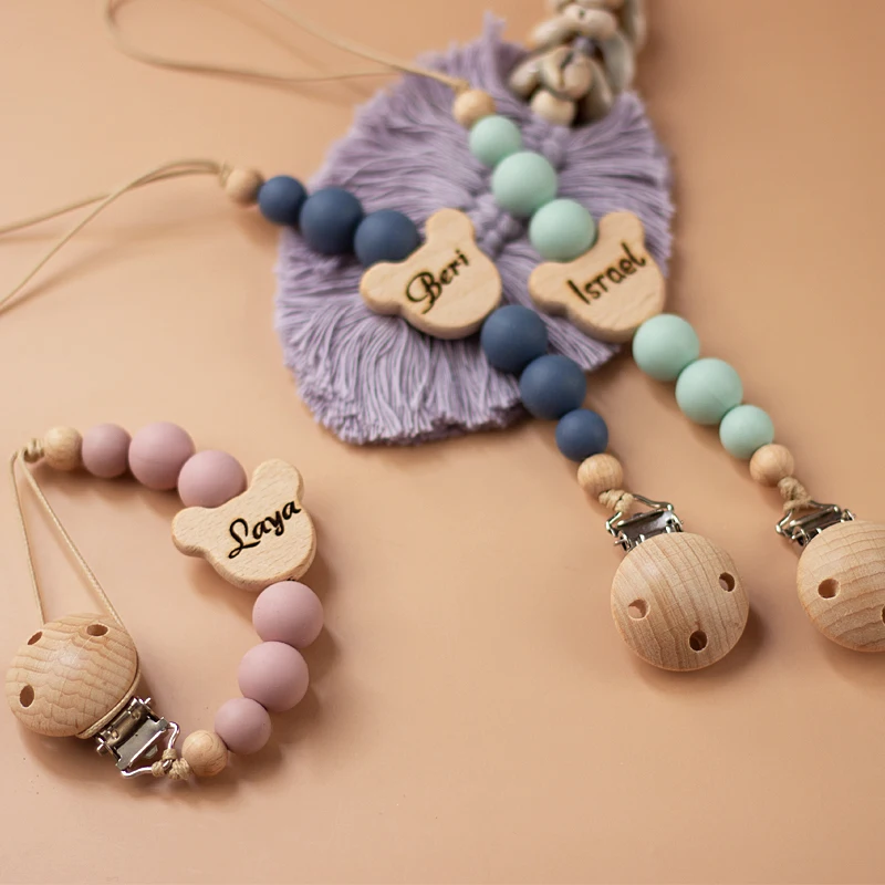 Pacifier Chain Name Wooden Personalized Baby Silicone Bead Dummy Nipple Holder Guard Teether Pendant Newborn Gift