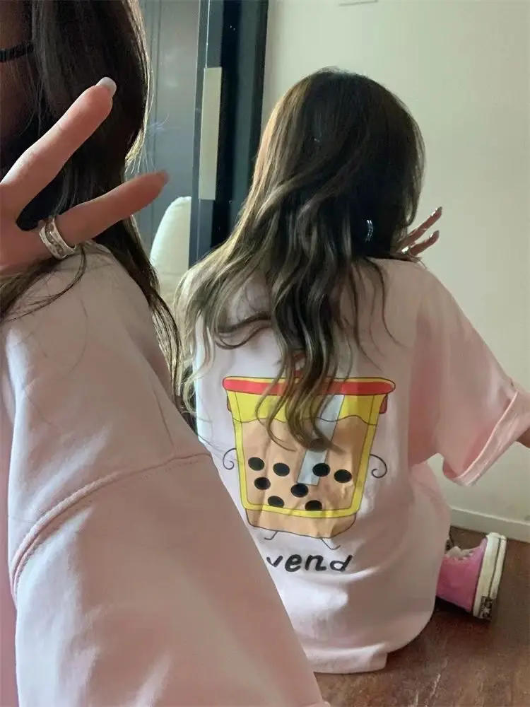 

Korean fresh milk tea printed short-sleeved T-shirt for women 2024 summer new sweet and spicy fashion loose and versatile top