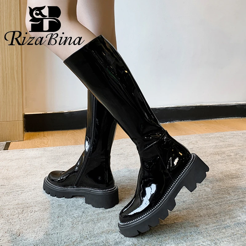 

RIZABINA Size 34-43 Women Knee Boots Patent Leather Chunky Winter Shoes Woman Ins Hot Chunky Long Boots Ladies Footwear