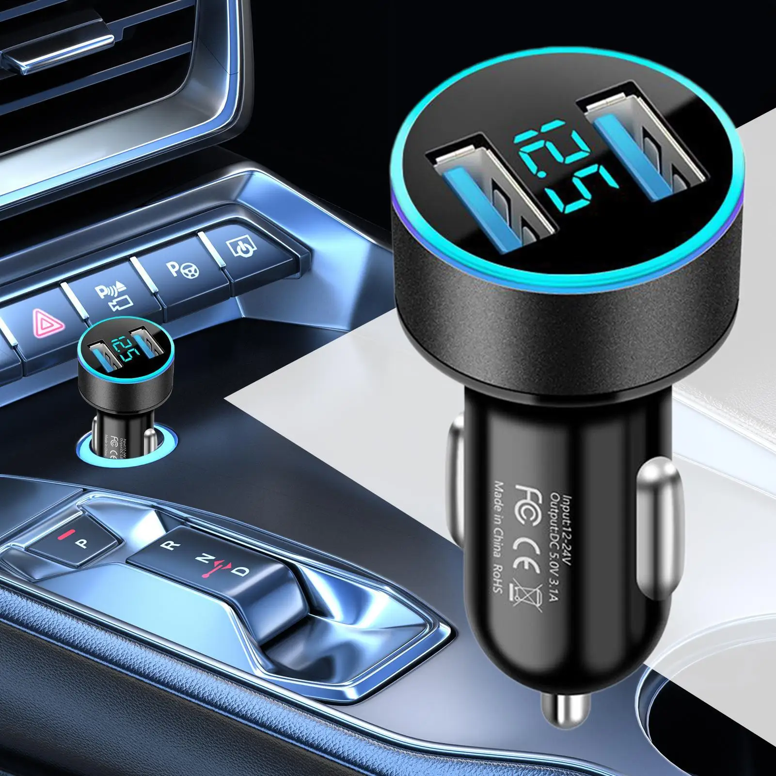 Caricabatteria da auto Adattatore di ricarica rapida a 2 porte Caricatore con display digitale intelligente Caricabatteria da auto multifunzionale per la guida a lunga distanza
