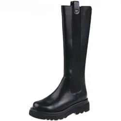 Women's Fashion Knee - High Fur Boots with Square Heels - 38 (Black Fur Lining)