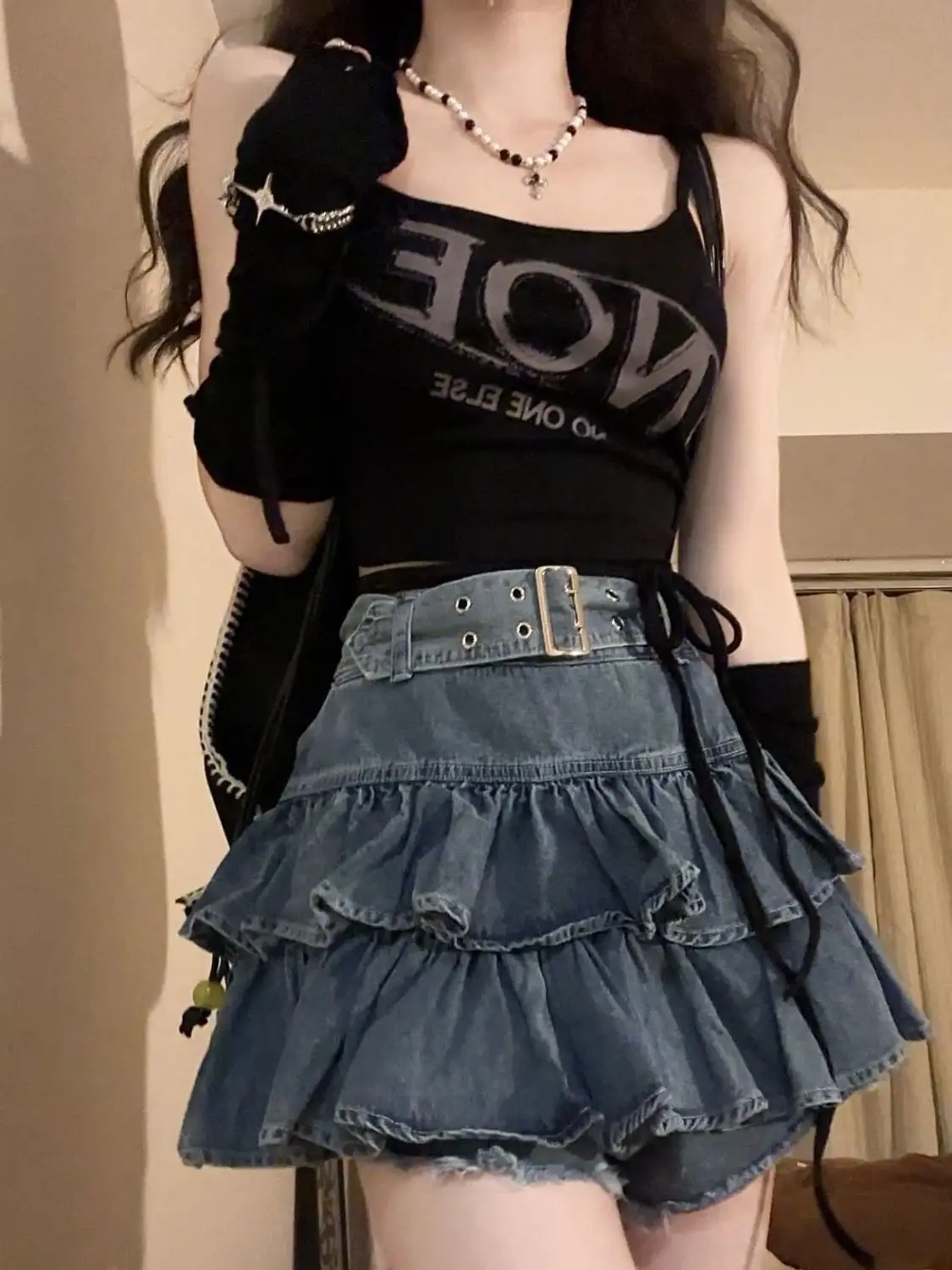 Women A-line Short Skirt Spicy Girl Style Ruffled Edge Cowboy Ins Summer New High Waisted Versatile Half Length Skirt