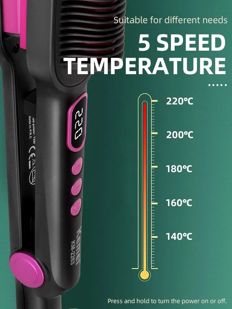 KEMEI 2 IN 1Wide Flat Hair Straightener, 1.7inch Straightening Irons for Thick Hair, Adjustable Temperature 140&deg;-220&deg;