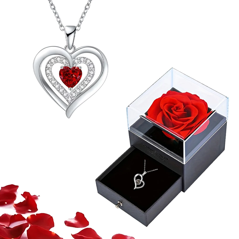 Exquisite Red Zircon Pendant Necklace in Rose Gift Box – Elegant I Love You Jewelry