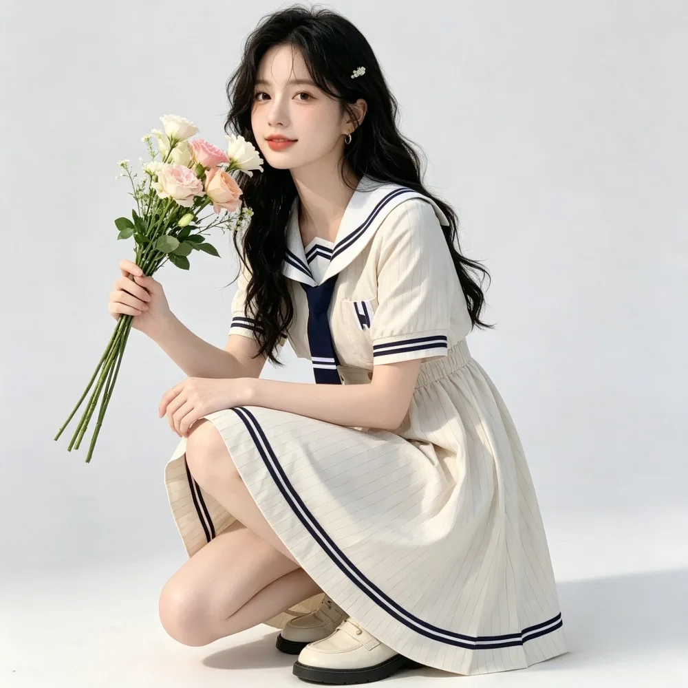 프레피 일본 대학 JK 플리츠 드레스, 중학교 여학생을 위한 여름 교복, 캠퍼스 생활 및 애니메이션 코스프레를 위한 데일리 의상