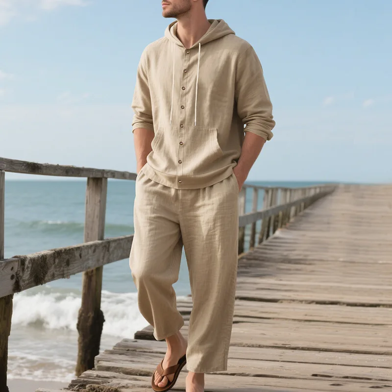 New Spring and Autumn Style Loose Men's Hoodie Set, Linen Material Beach Casual Two-Piece Suit