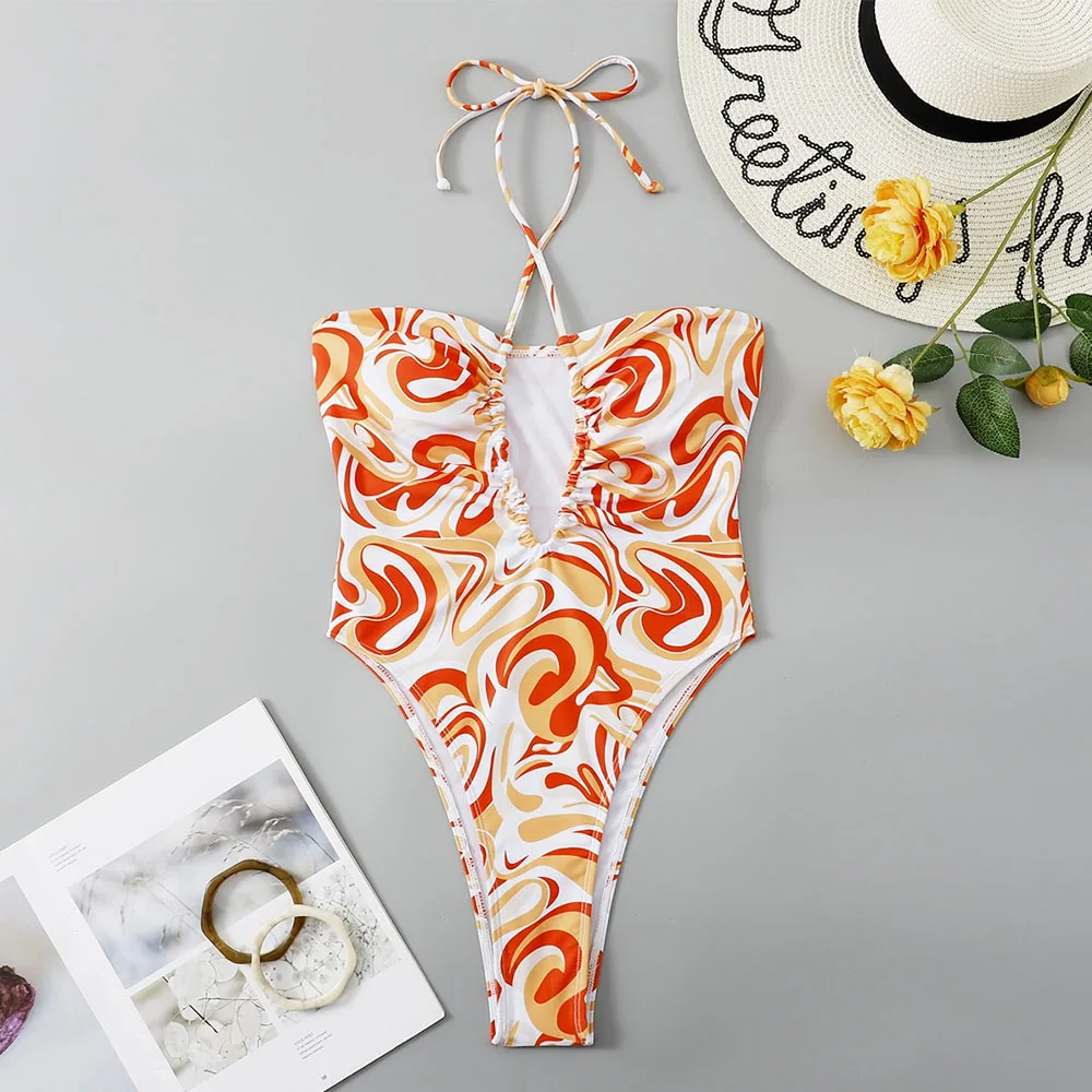 2024 Print one-piece swimsuit women's cut-out lace-up high fork bikini skintight beach swimsuit