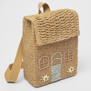 Borsa a doppia spalla in paglia intrecciata zaino per bambini borsa in tessuto di paglia borsa da scuola per studenti personalità zaino in tessuto per il trasporto a mano 1
