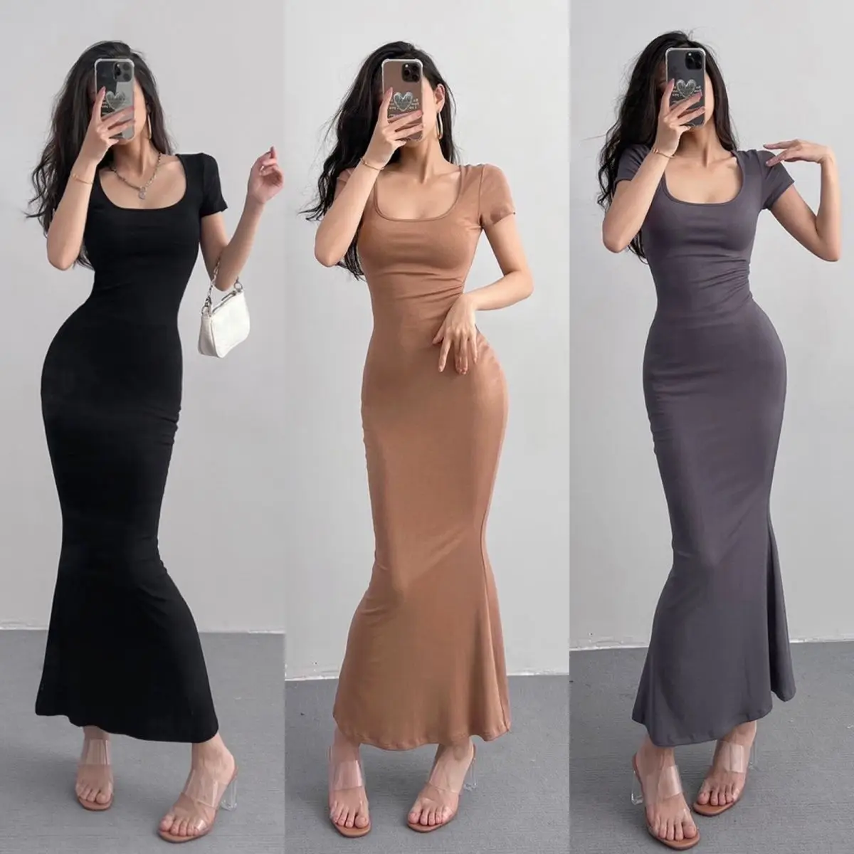 

2023 Short Sleeve Mid-Calf Dress Summer Woman Vintage Casual Urbano Black Slim Wrap Dress Robe Longue Femme Evening Dresses