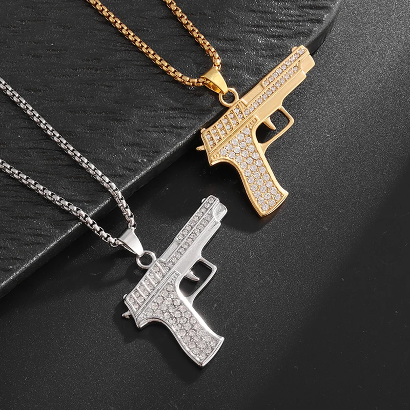 

Stylish Desert Eagle Pistol Zircon Pendant Necklace Men Women Punk Jewelry