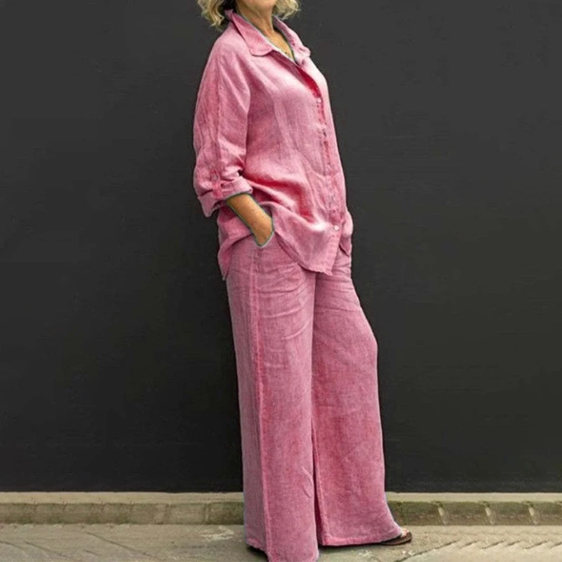 Casual Cotone Lino 2 Pezzi Set Donna Abiti Eleganti Autunno Camicia A Maniche Lunghe Pantaloni Set Lady Fashion Solid Top Pants Tuta