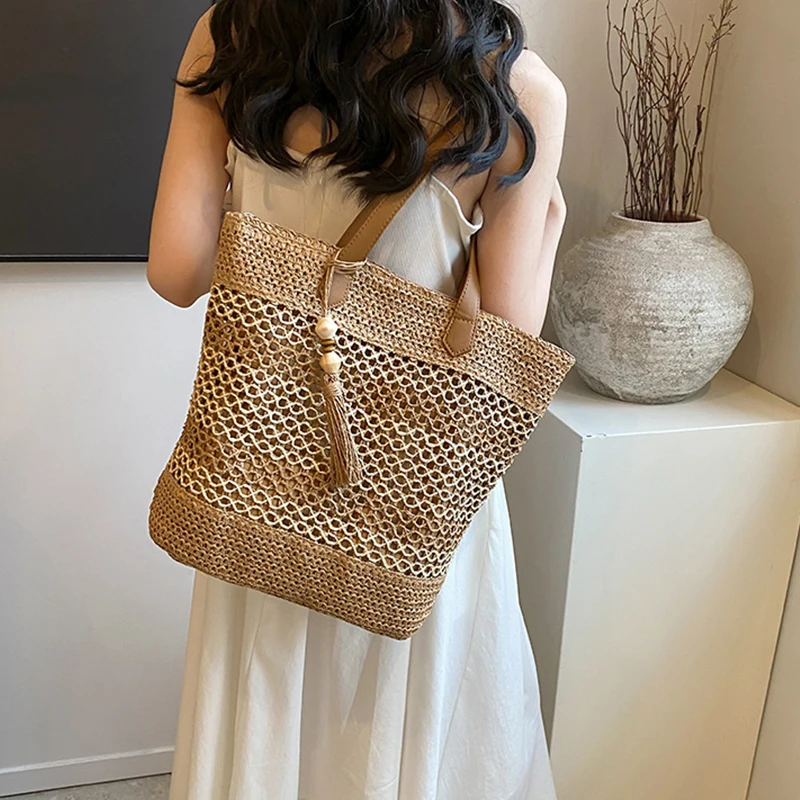 Women Fashion Color Blocking Shoulder Bag Handmade Beach Bag Tassel Decoration Woven Women’s Bag Summer Large Capacity Tote Bags