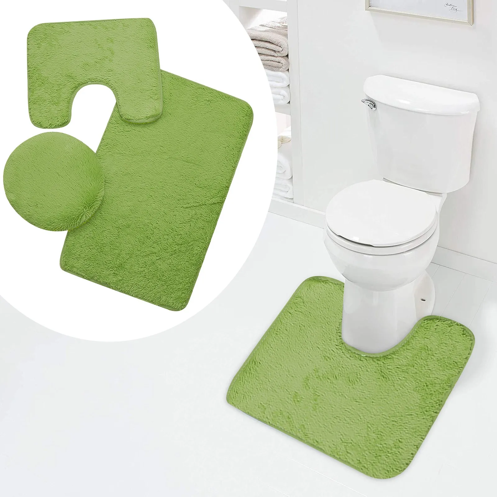 Green Solid Plain Bathroom Mat Set Includes 1 Mat 1 Lid Extra Small