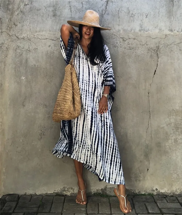 2023Summer Bohemian Striped Print Women Beach Dress Bathing Suit Cover Up Summer Tunic for Woman Beachwear Robe De Plage Kaftan