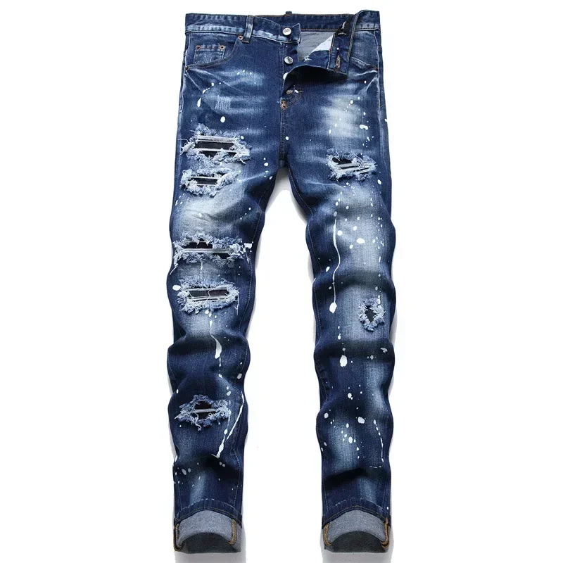 2025 Mens Skinny Jeans Luxury Brand Light Blue Holes Long Trousers Male Stretch Slim Pants Quality Ripped Jeans Men Clothing 4