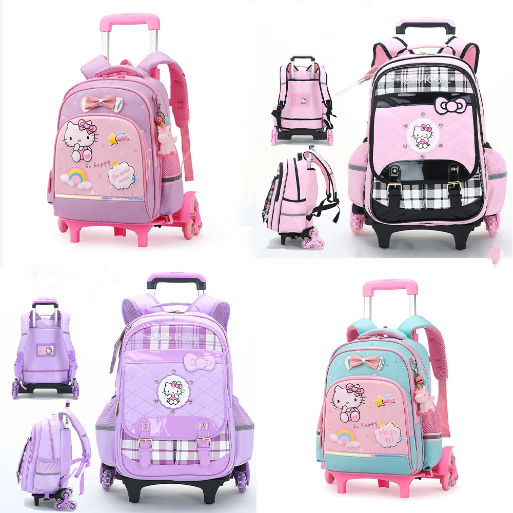 

Школьный ранец на колесиках Sanrios для Kidshello Kitty Cinnamoroll, высококачественный вместительный водонепроницаемый рюкзак для девочек с колесиками
