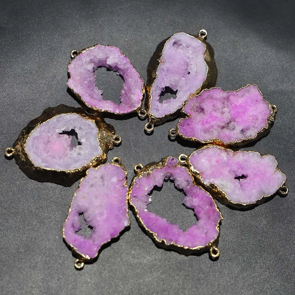 New Natural Stone Slice Pink Agate Irregular Double Hole Connector Pendant Jewelry Making DIY Necklace Bracelet Accessories 6Pcs