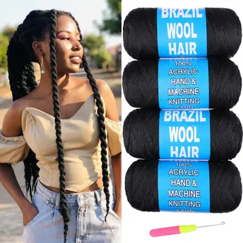 Extension per Capelli Sintetici da Intrecciare, 4 Pezzi, Nero Naturale, Lana Brasiliana per Intrecciare i Capelli, Filato Acrilico, Capelli all'Uncinetto per Donne