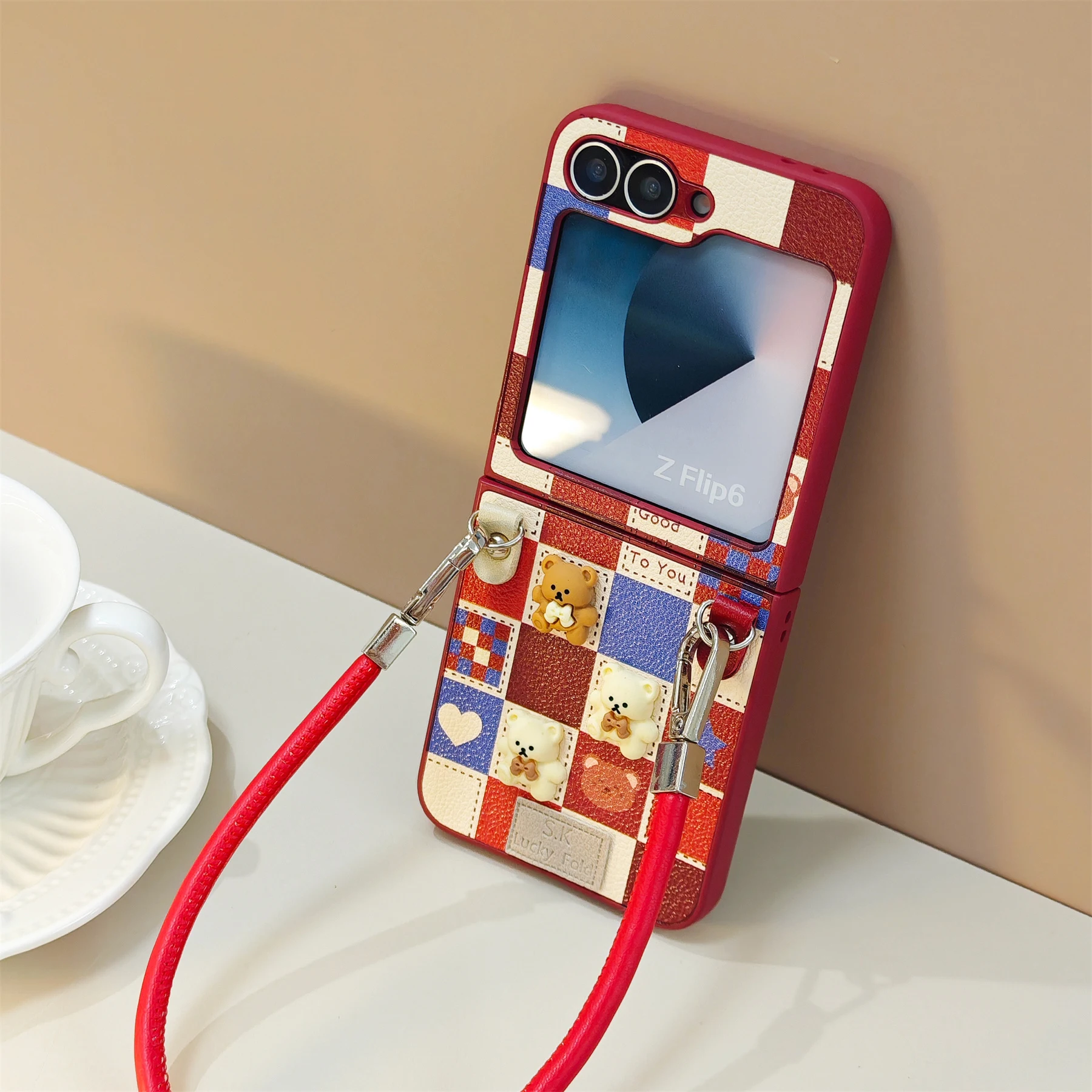 Korean Cute Bear Lattice Wine Red Rope Phone Case – Stylish Back Cover