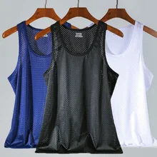 

Men's Breathable Mesh Vest Mens Ice Silk Quick-drying Crew Neck Hollow Sleeveless Vest Wide Shoulder Waistcoat Fitness Slim Mesh