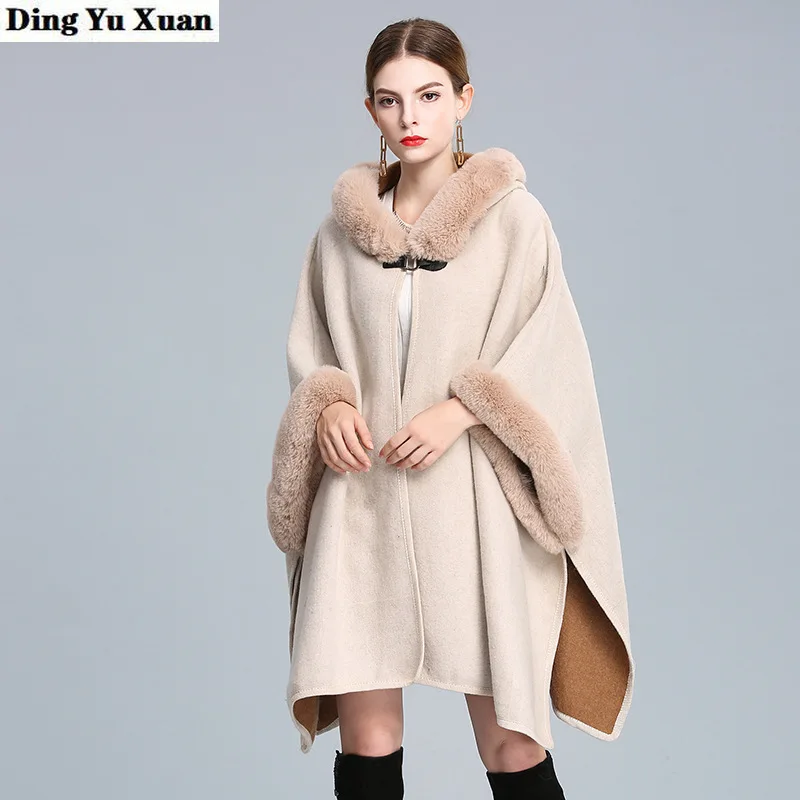 

Winter Women Faux Rabbit Fur Hooded Cape Turn Down Collar Wool Blend Poncho Plus Size Loose Thick Cardigan Cloak Batwing Coat