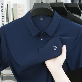Polo in seta ghiaccio senza cuciture a maniche corte stampata da uomo, top estivo comodo, traspirante, casual e alla moda, T-shirt di marca