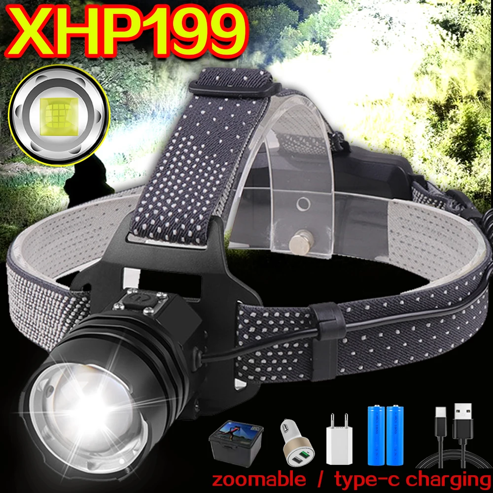

XHP199 LED Headlamp 1600000LM 500M USB Rechargeable Headlight Zoomable Head Flashlight Waterproof 18650 Hunting Fishing Lights