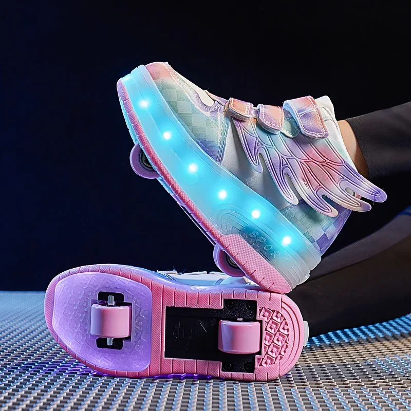 Children Roller Skate Casual Sport Shoes Girls Boys LED Charging Luminous Wings Shoes USB Colorful Light Two Wheels roller skates