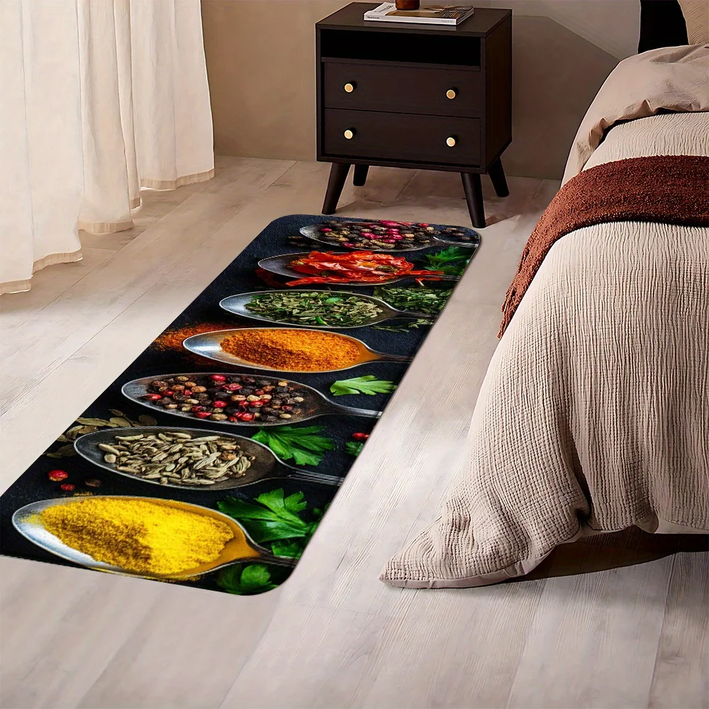 Colorful Spices and Herbs on Spoons Print Kitchen Mat, Non-Slip Washable Durable Runner Rug for Kitchen & Culinary Themed Home 2