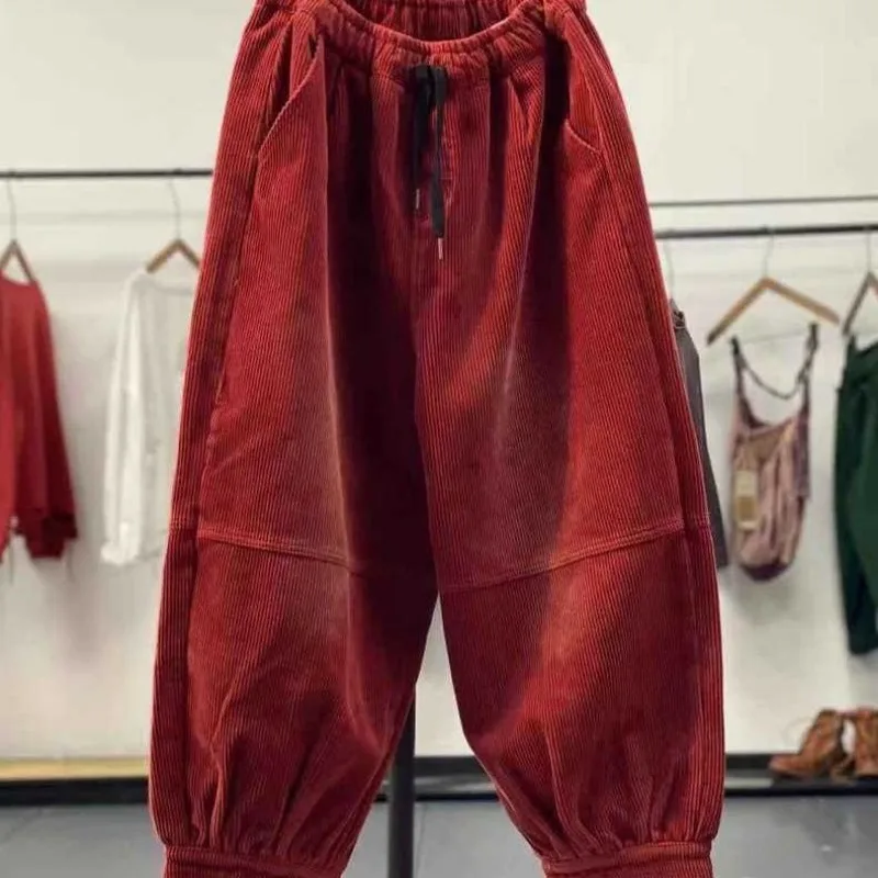 Deeptown Casual Corduroy Harem Pants Women High Waist Retro Loose Bloomers Female Oversize Sport Trousers Baggy Brown Sweatpants