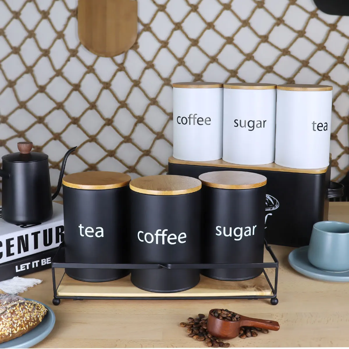 Tea Canister 3pcs Sugar Tea Coffee Jar Metal Kitchen Storage Canister Round Square Candy Biscuit Loose Tea Leaf Containers Box With Covers