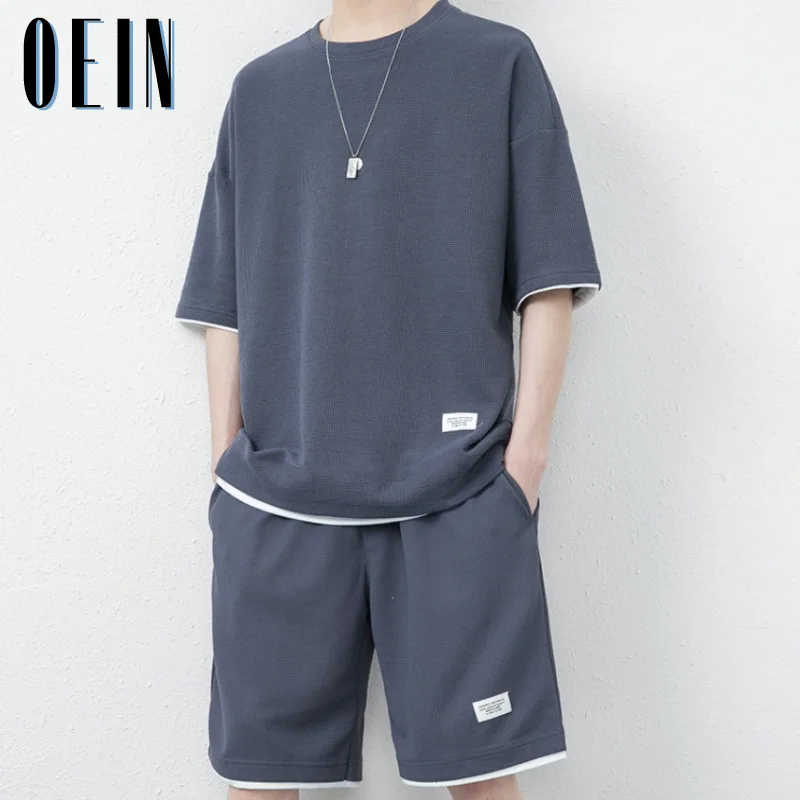

OEIN Summer Solid Shorts Sets Men Casual Two Pieces Short Sleeve T Shirts and Short Pants 2023 Man Streetwear 2 Pieces Tracksuit