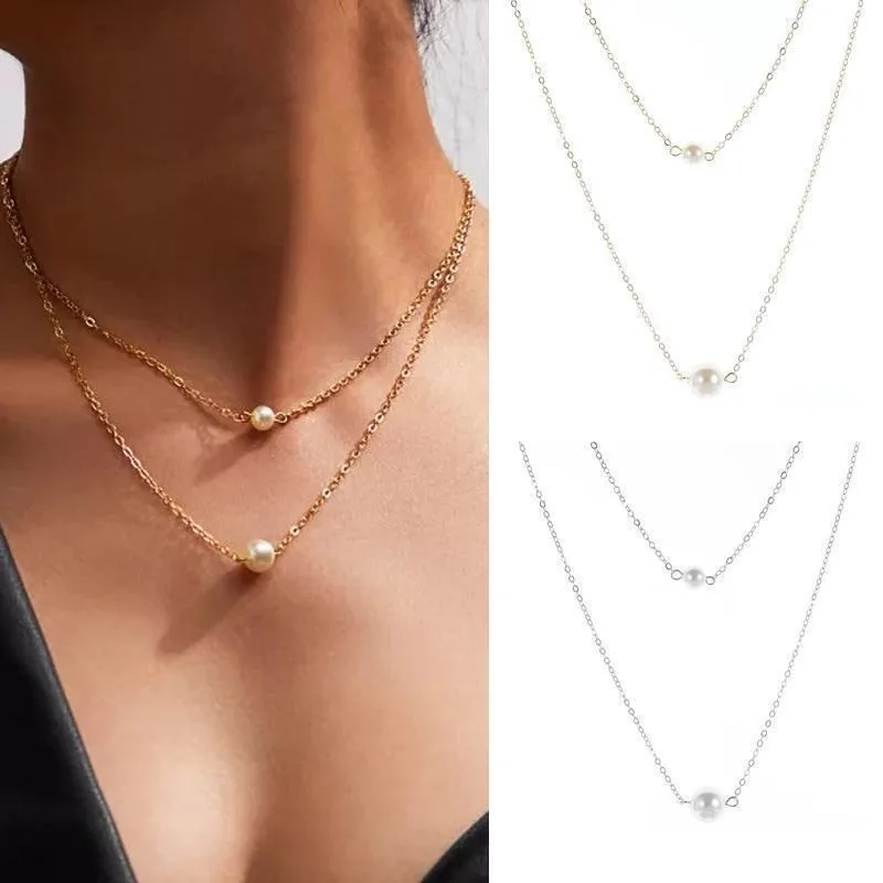 

Dainty Pearl Pendant Necklaces for Women Simple Double Layer Pearl Short Fashion Clavicle Chain Everyday Jewelry for Gifts