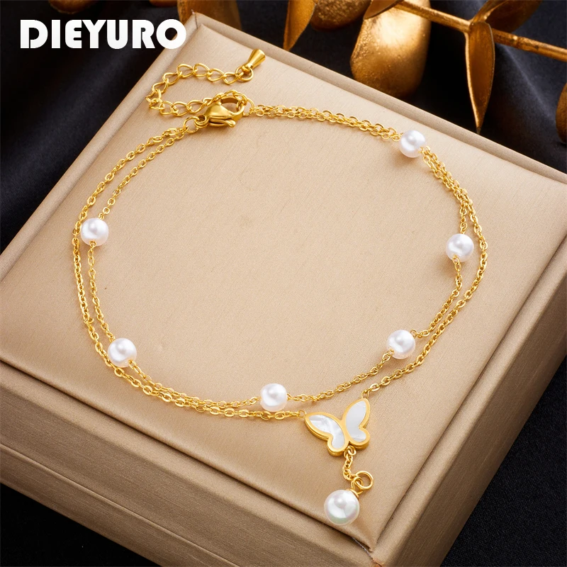 

DIEYURO 316L Stainless Steel Double Layer Butterfly Pearl Charm Anklets For Women Girl New Trend Leg Chain Jewelry Gift Party