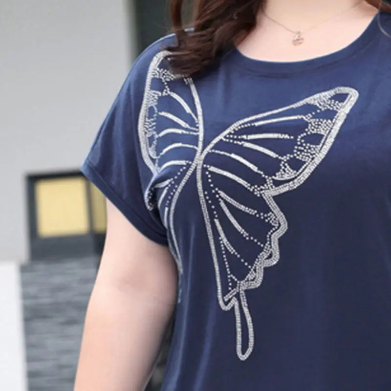 Fashion Royal Blue Plus Size Pullover Tops Summer Clothes for Women Diamonds Splicing Butterfly Short Sleeve Loose T-Shirt Trend