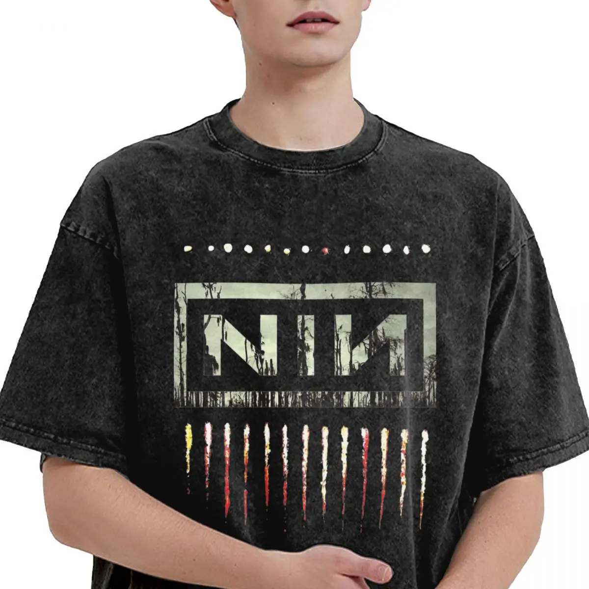 [RADINEO]★ 韓国人気★NOISE T-SHIRTS Washed T Shirts NIN Nine Inch Nails Hip Hop Retro T-Shirts