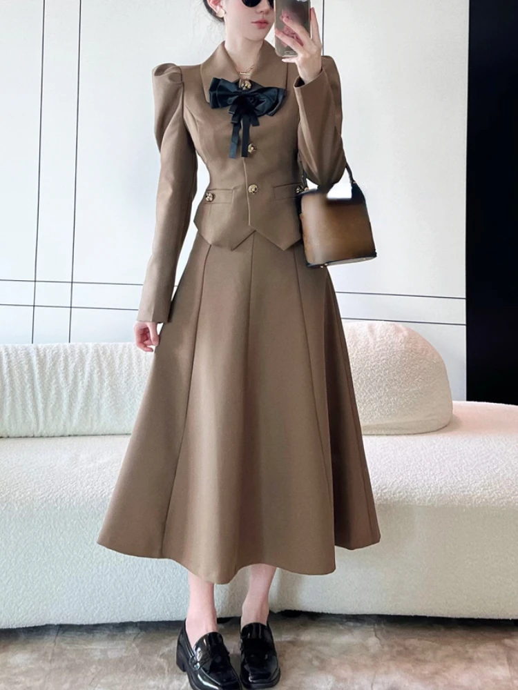 

Elegant 2 Piece Dress Set Woman Long Sleeve Crop Tops Slim + Casual Pure Color Midi Skirt Retro Spring Autumn Korean Suit Female