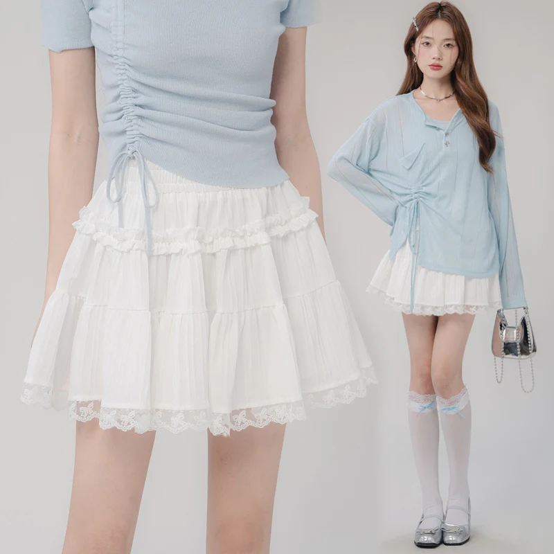 French Style Sweet Pregnant Woman White Cake Skirts High-Waisted Slimming A-Line Maternity Tiered Skirt for Spring and Summer
