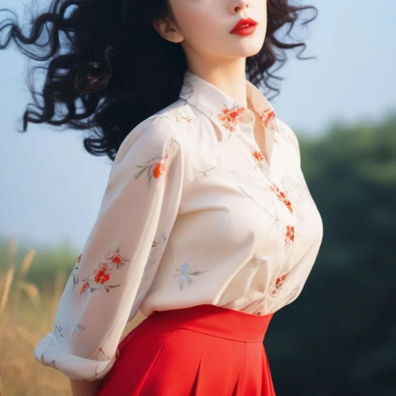 Minimalist Korean 2024 Spring Autumn New Women's Blouse Polo-Neck Button Printed Fashion All-match Slim Long Sleeve Shirt Tops
