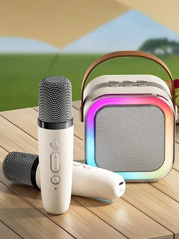 블루투스 호환 5.3 RGB 멀티 컬러 스피커, 무선 마이크 포함, 미니 홈 시어터 스피커, 조정 가능한 LED 조명