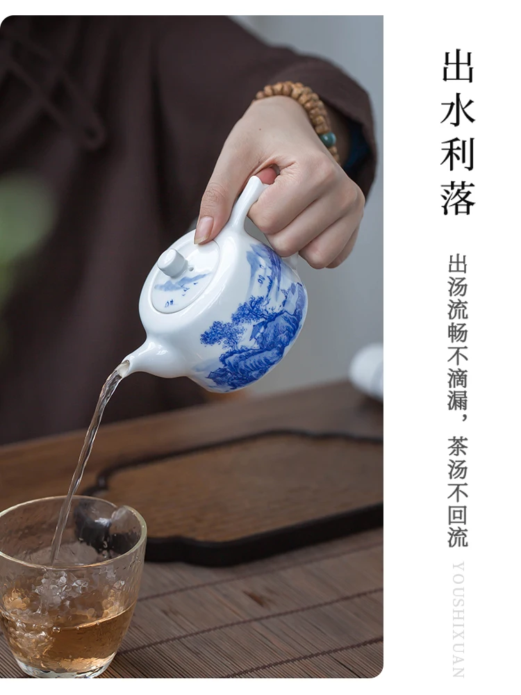 

Высококлассный ручная роспись керамический чайник кунг-фу домашний китайский ландшафт синий и белый фарфоровый чайник один чайник