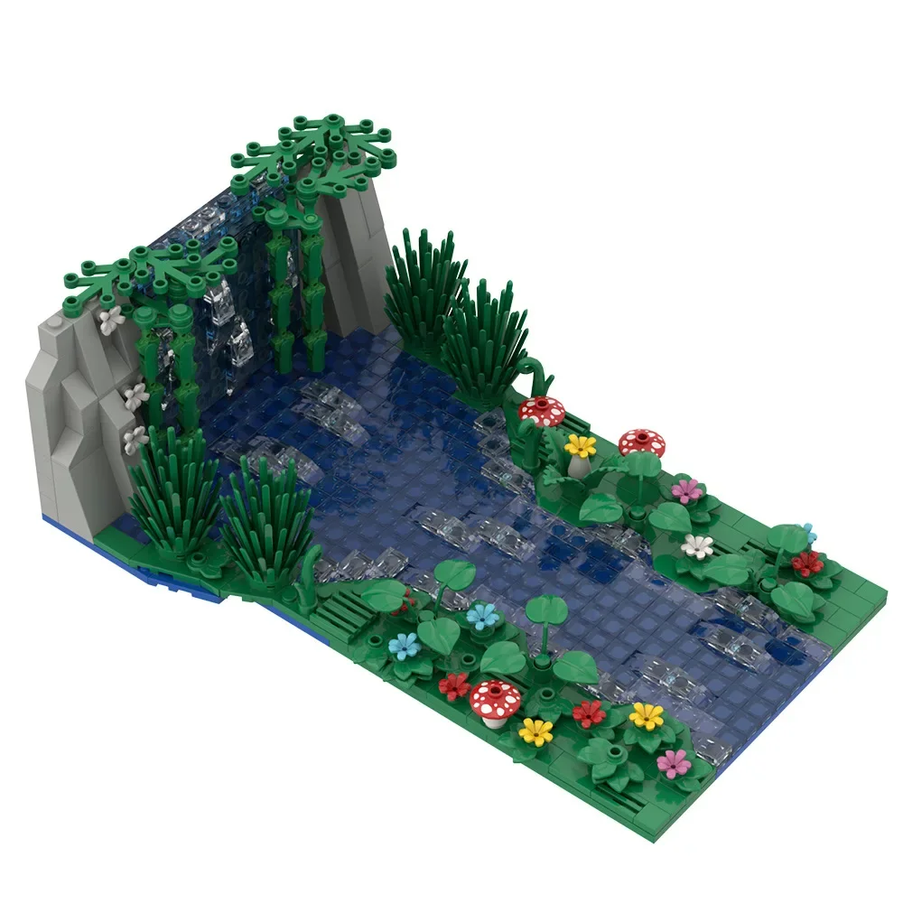 647pcs Waterfall Scene Moc Building Blocks Set Creative Pond Flower Mushroom Small Particle Assembled Bricks Model Kids Toy Gift