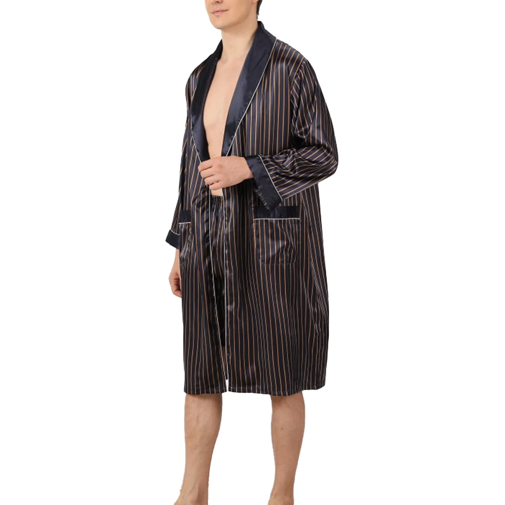 Men Robe Striped Emulation Silk Bathrobe Summer Long Sleeve Lightweight Nightwear Baggy Ultra-thin Nightgown Comfort Homewear