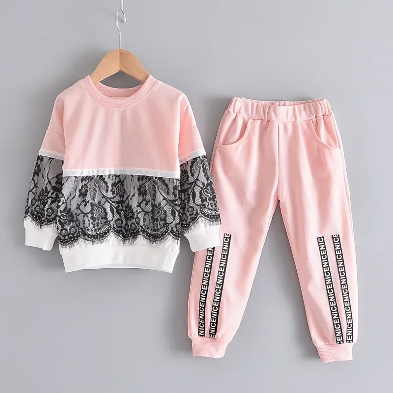 Girls Clothing Sets New New Spring Active Girls Clothes Lace Children Clothing Cartoon Print Sweatshirts Pants 2pcs Suit 3-7Y