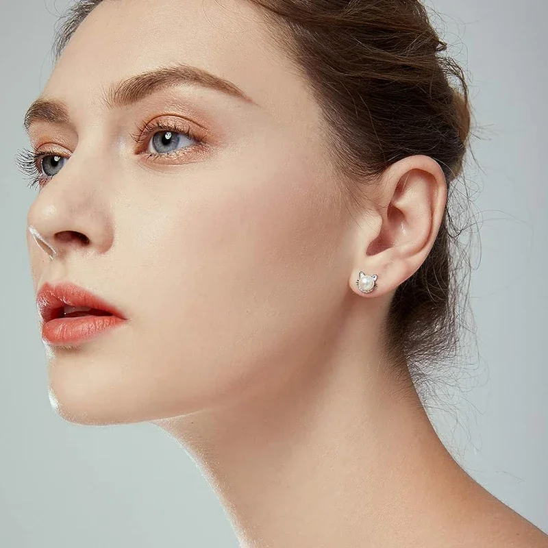 Cute Cat Imitation Pearl Stud Earrings with CZ Exquisite Girl Ear Piercing Earrings Fancy Statement Jewelry - PeticaDeals