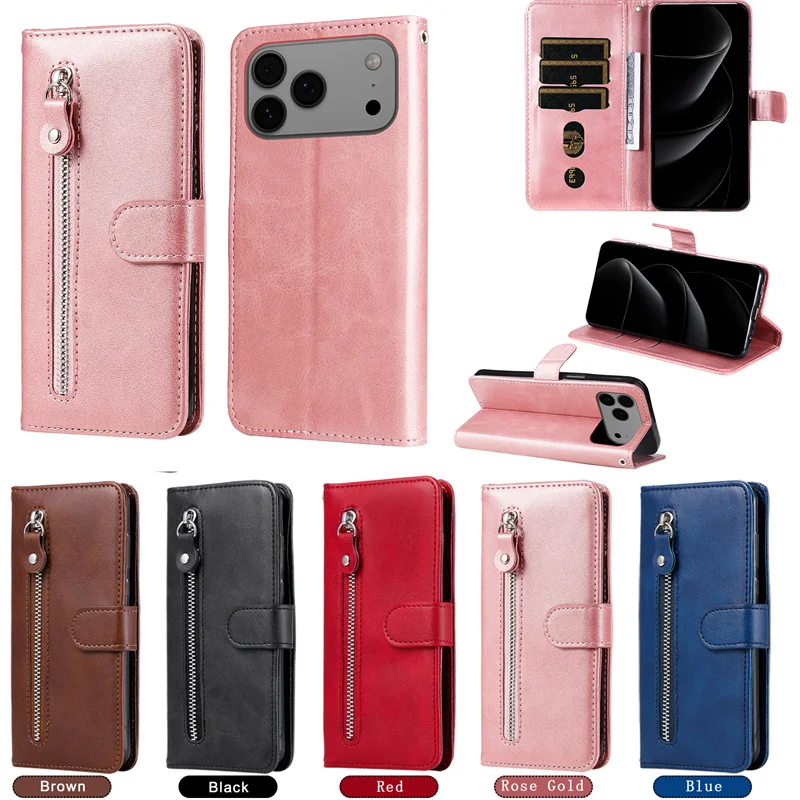 Premium Zipper Leather Wallet Flip Case with Stand Feature - Elegant Phone Cover