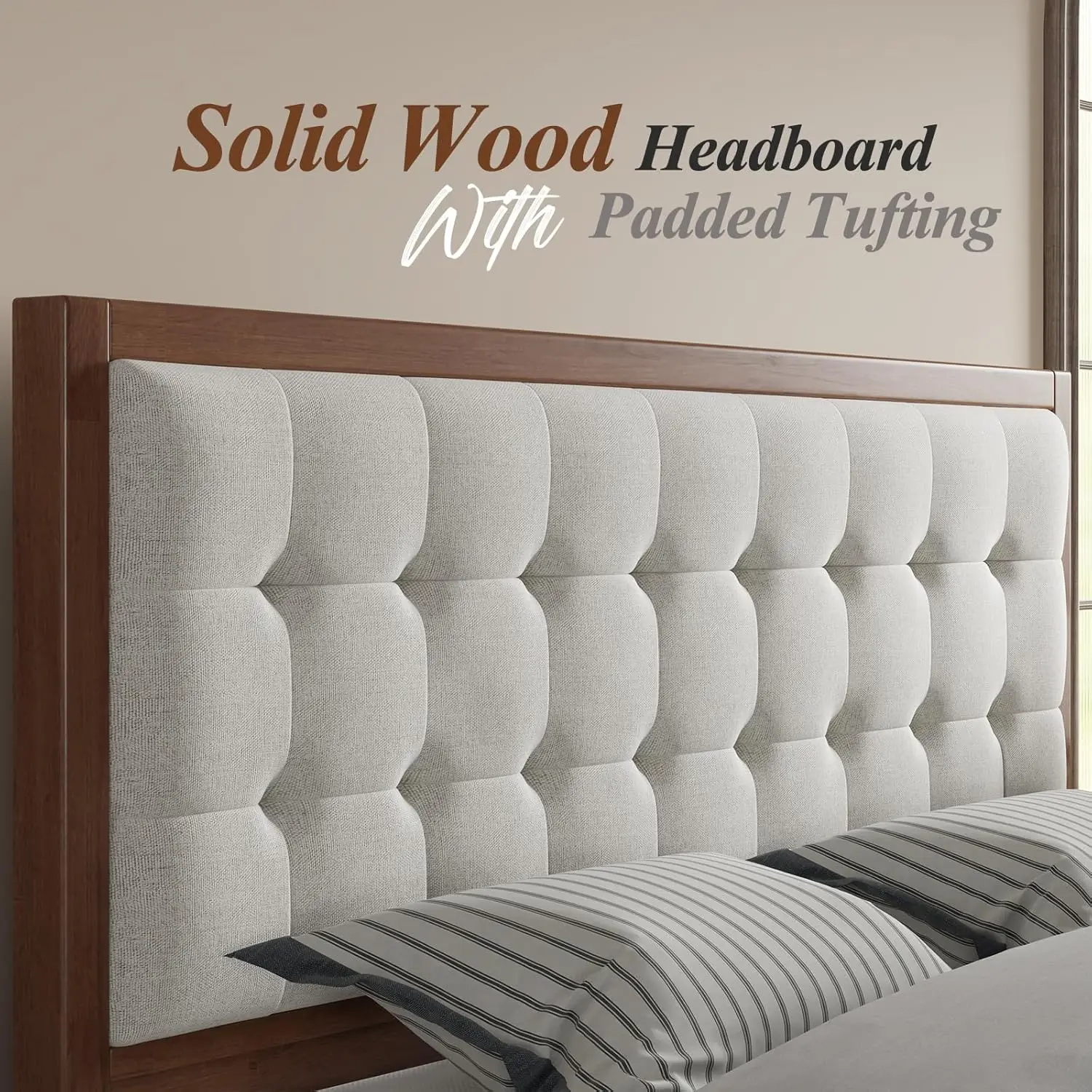 NEW Wood Platform Bed Frame Queen Size Upholstered Tufted Headboard/Solid Wood Be No Box Spring Needed,Walnut 4