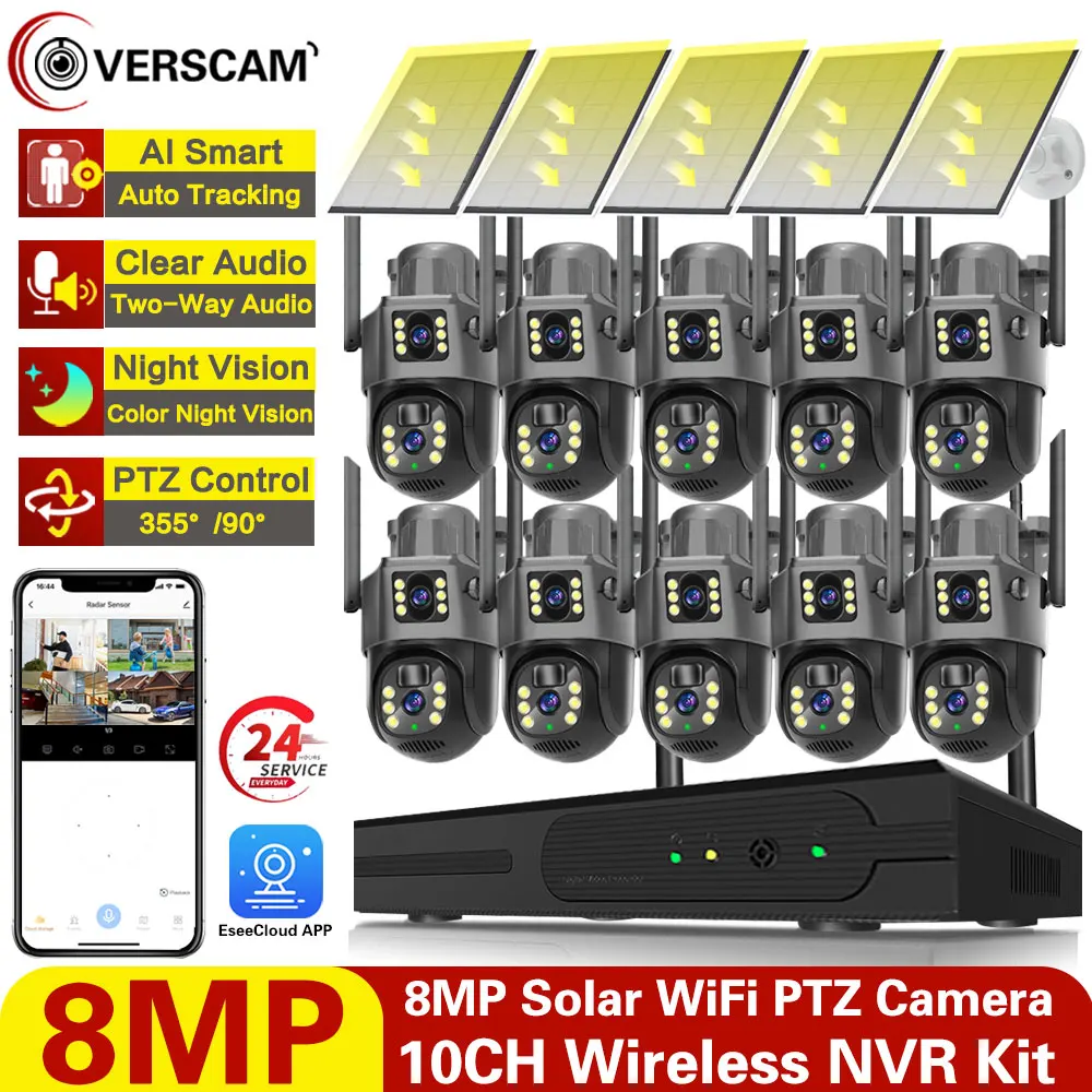 4K 8MP Solar Power Battery Charged Wifi PTZ IP Cameras Kit 8MP 10CH Wireless NVR Kit Auto Tracking CCTV Security Cam System