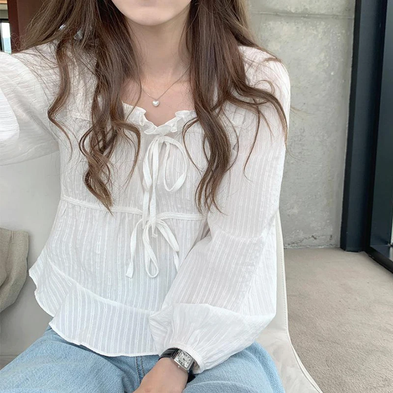 Fashoin New Vintage Loose White Blouse Women Casual Long Sleeve Ruffled Shirt Tops Fashion Square Collar Solid Lady Shirts 11700 4